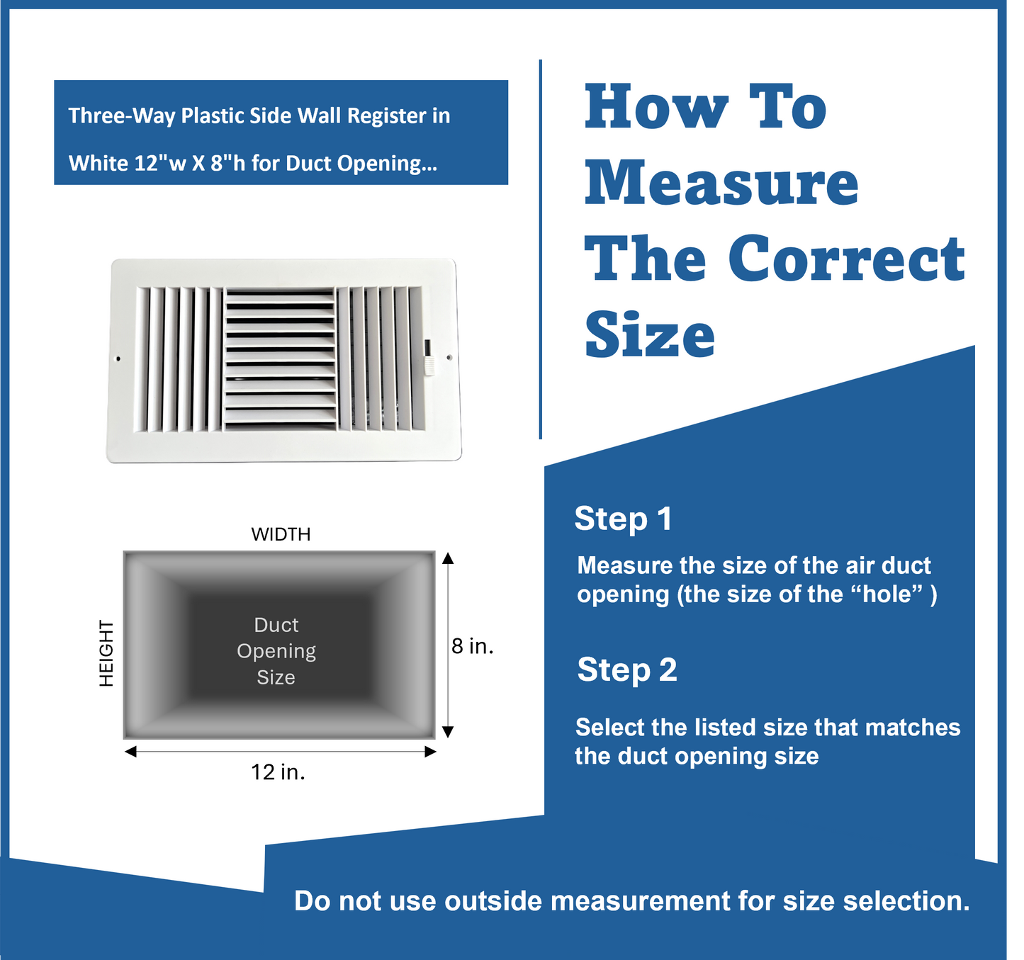 Three-Way Plastic Side Wall/Ceiling Register in White 12"w X 8"h for Duct Opening (Inside Dimension) - Outside Dimension is 13.75"w X 10"h