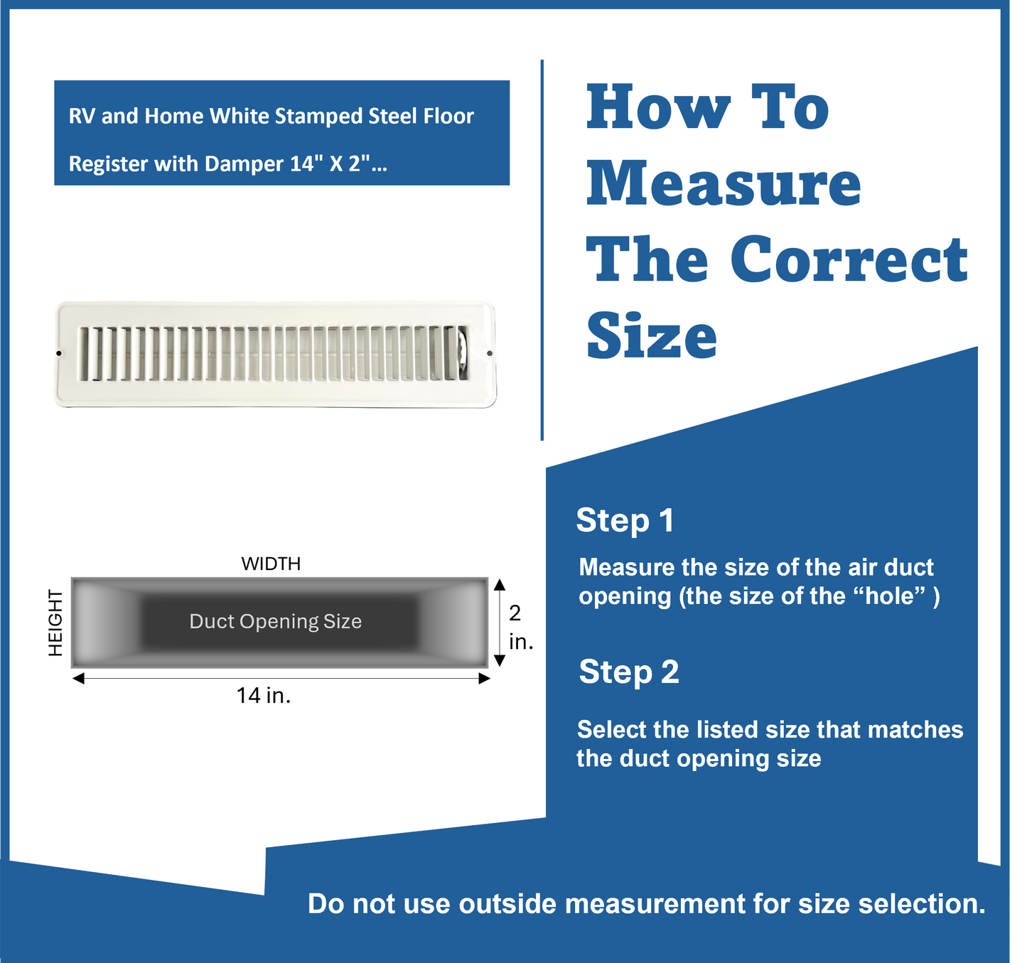 RV and Home White Stamped Steel Floor Diffuser/Register with damper 14" X 2" (duct opening size) Outside dimension 15.5"x 3.75"