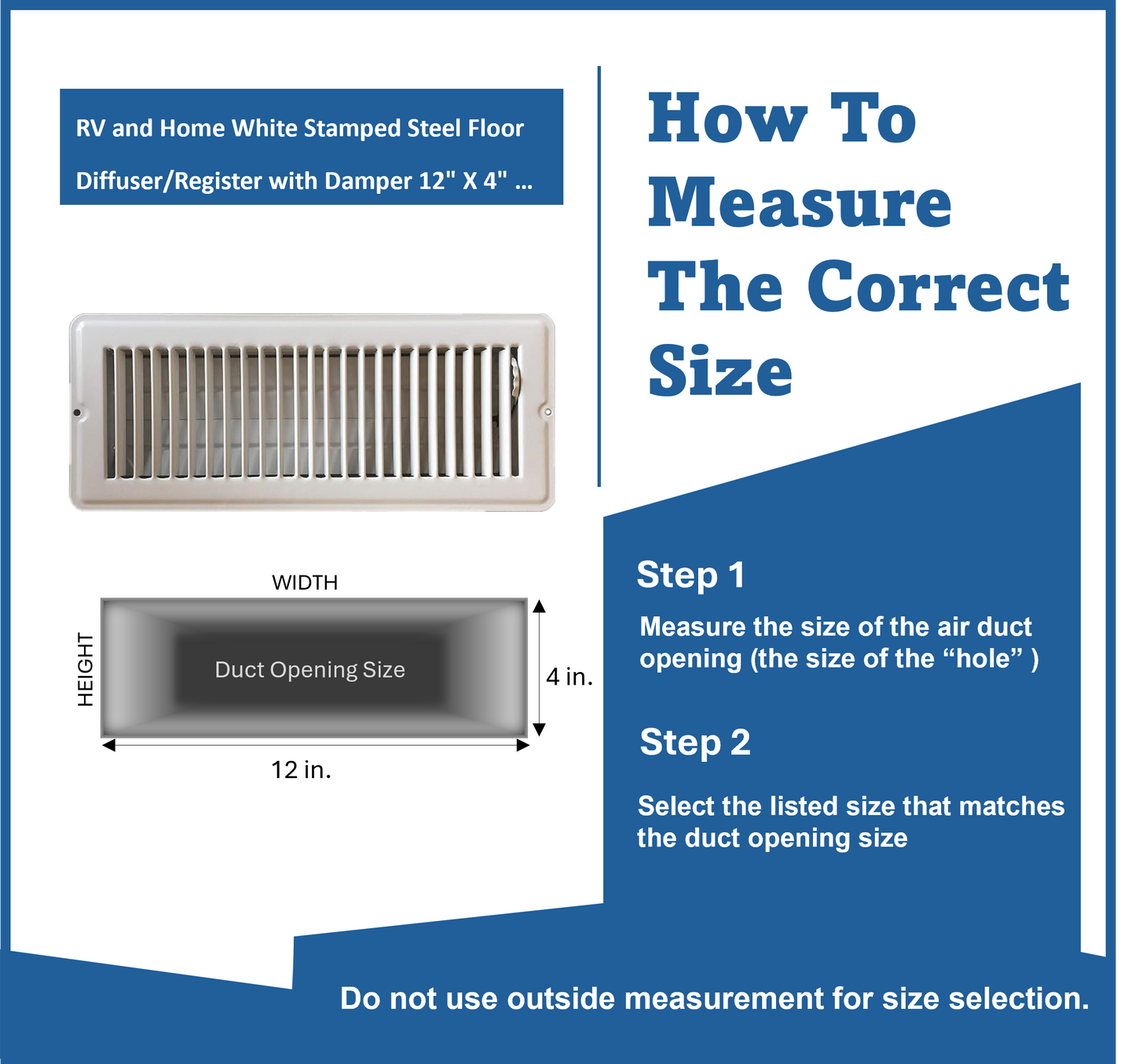 RV and Home White Stamped Steel Floor Diffuser/Register with Damper 12" X 4" (Duct Opening Size) Outside Dimension 13.5"x 5.5"