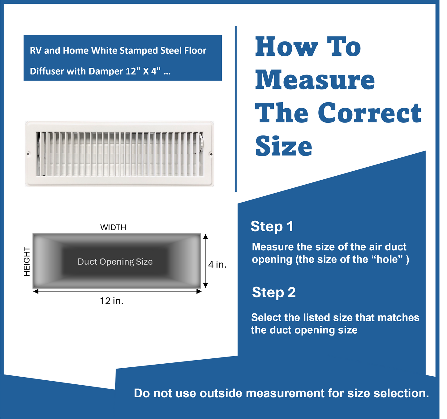 RV and Home White Stamped Steel Floor Diffuser/Register with Damper 12" X 4" (Duct Opening Size) Outside Dimension 13.5"x 5.5"