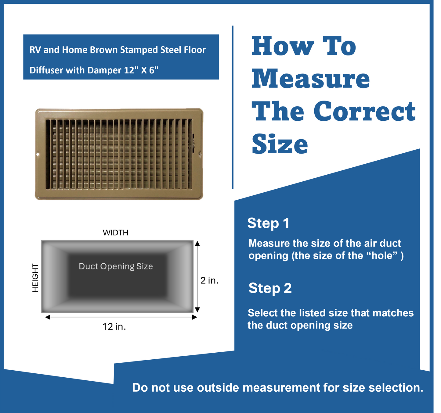 RV and Home Brown Stamped Steel Floor Diffuser/Register with Damper 12" X 6" (Duct Opening Size) Outside Dimension 13.25"x 7.25"