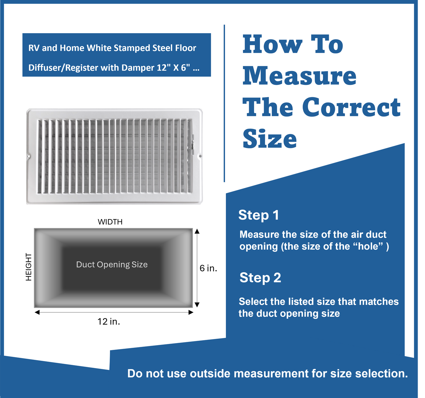 RV and Home White Stamped Steel Floor Diffuser/Register with Damper 12" X 6" (Duct Opening Size) Outside Dimension 13.25"x 7.25"