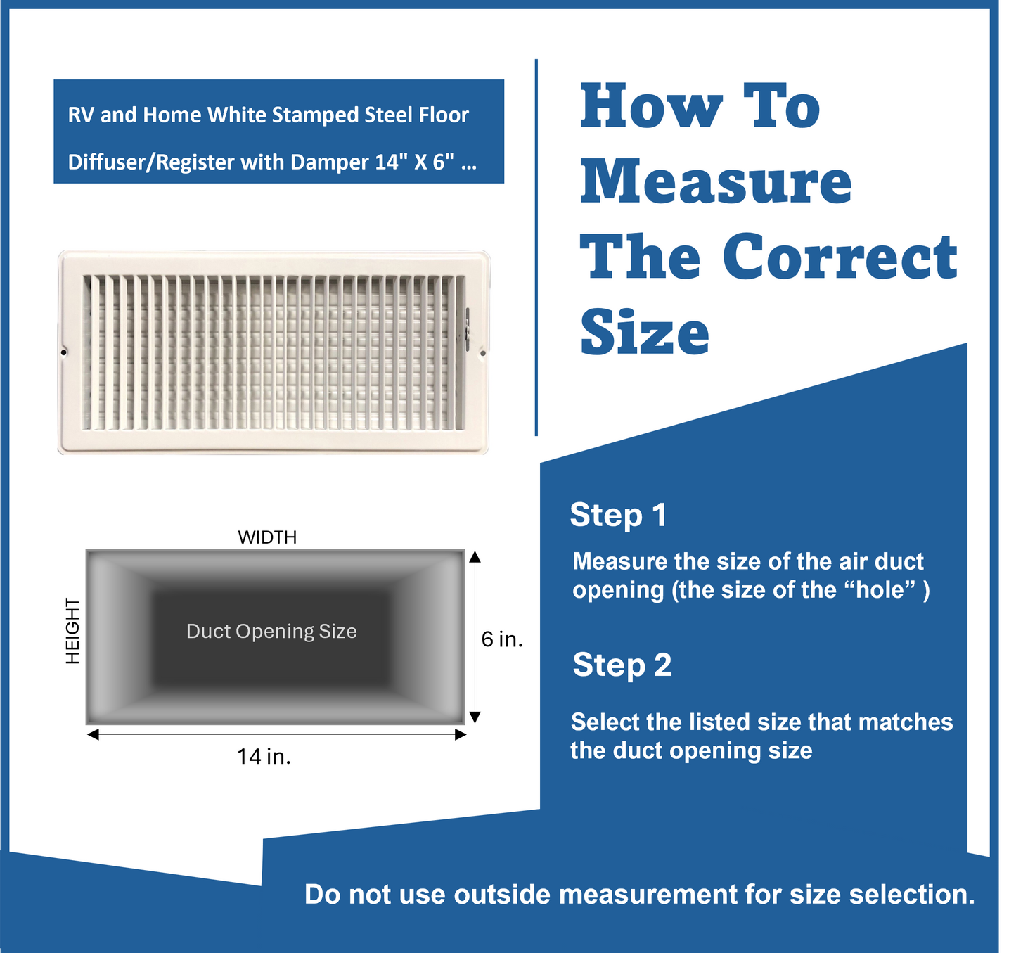 RV and Home White Stamped Steel Floor Diffuser/Register with Damper 14" X 6" (Duct Opening Size) Outside Dimension 15.25"x 7.25"