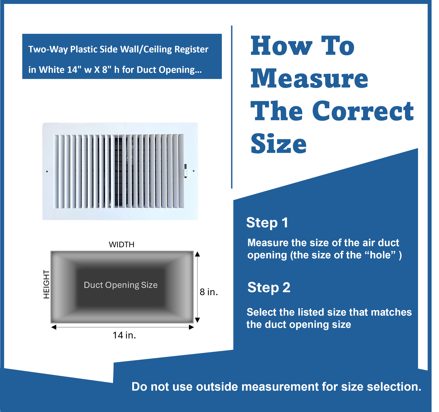 Two-Way Plastic Side Wall/Ceiling Register in White 14" w X 8" h for Duct Opening (Outside Dimension is 16" w X 10" h)