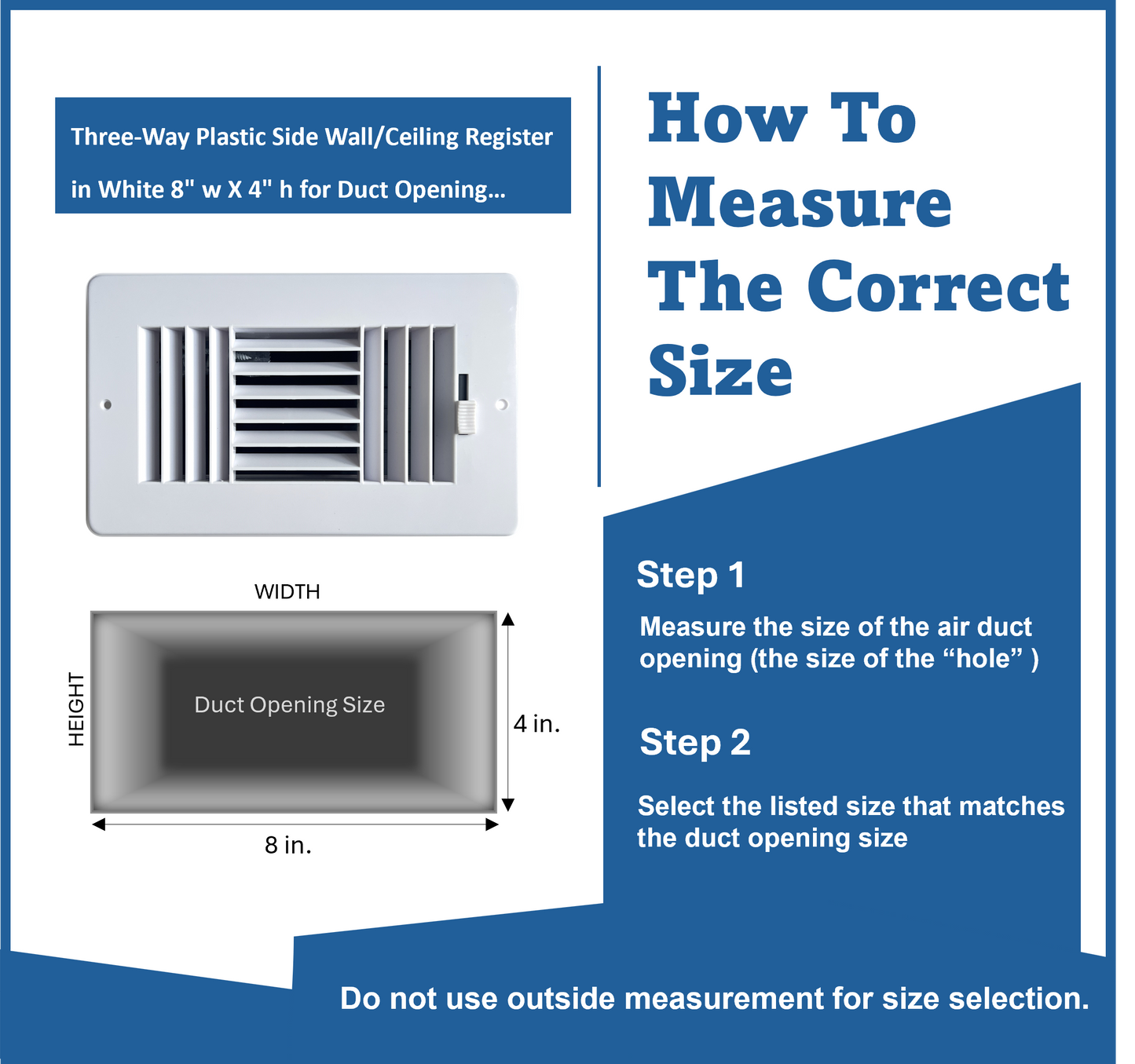 Three-Way Plastic Side Wall/Ceiling Register in White 8" w X 4" h for Duct Opening (Outside Dimension is 9.75" w X 6" h)