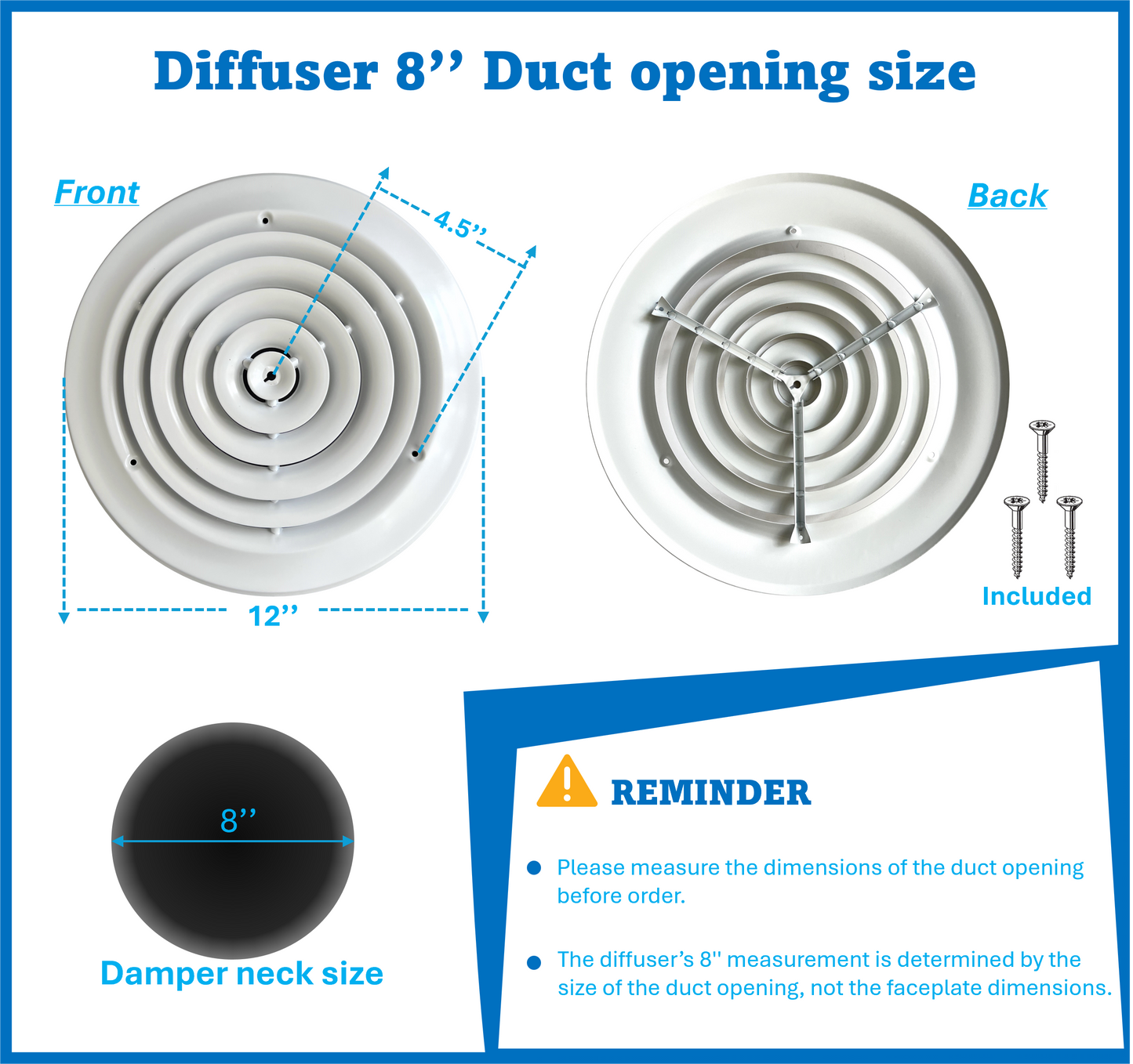 8" Round Ceiling Diffuser White Powder Coated with Outside Dimension of 12" Fitting in 8" Duct