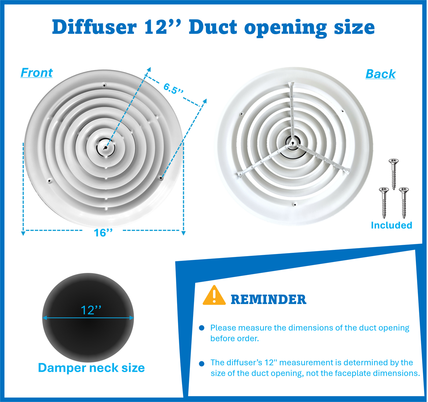 12" Round Ceiling Diffuser White Powder Coated with Outside Dimension of 16" Fitting in 12" Duct