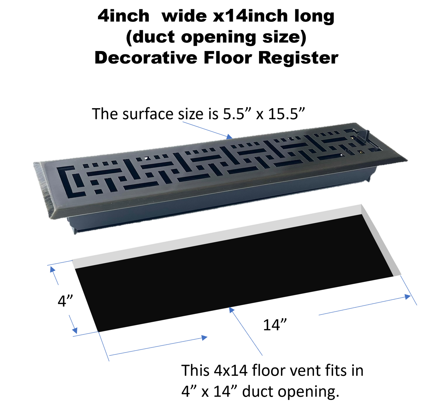 4inch Wide x14inch Long (Duct Opening Size) Decorative Floor Register Vent with Mesh Cover Trap (Overall Size 5.5 inch Wide x 15.5" Long) Matte Bronze
