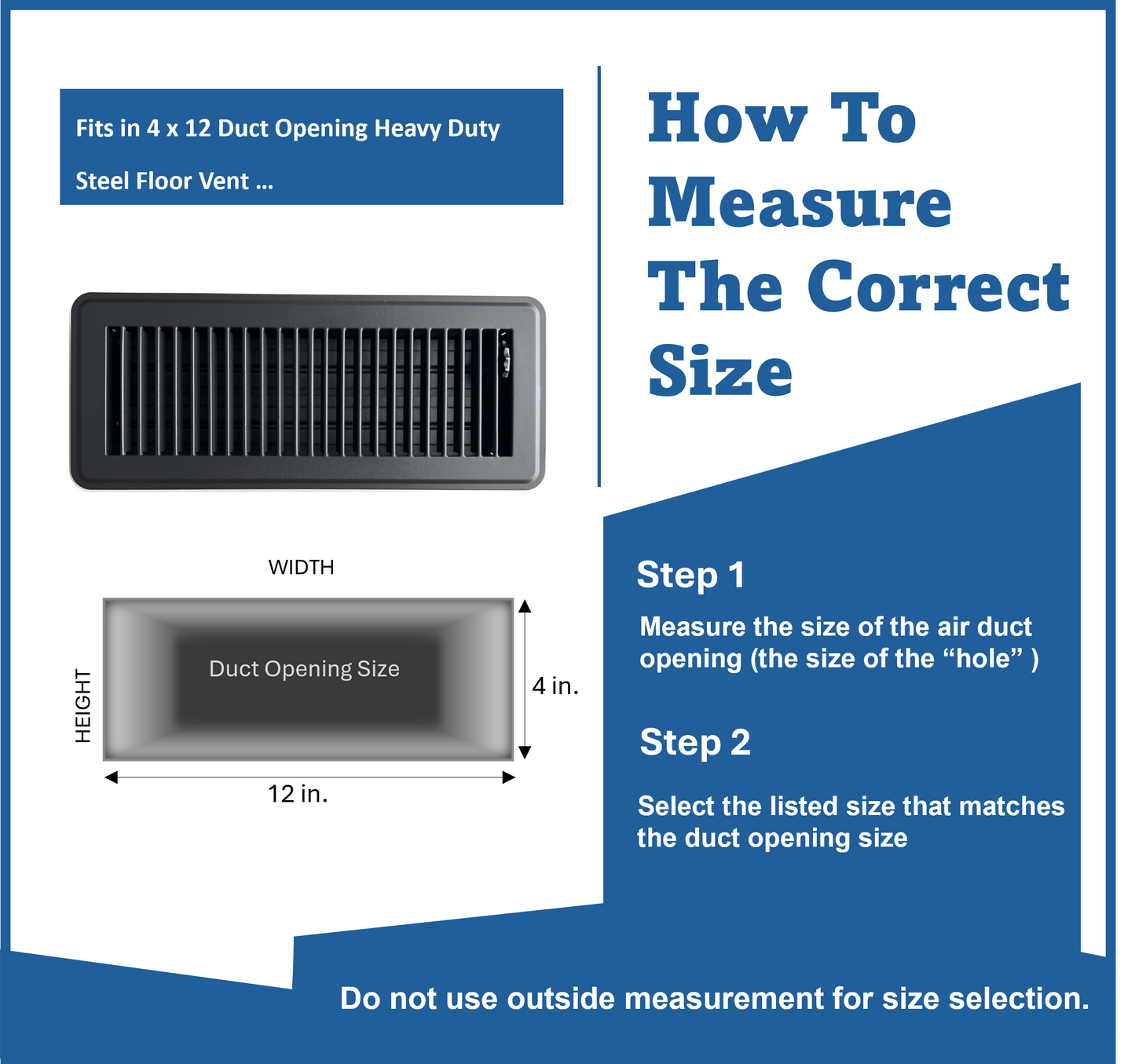 Heavy Duty Steel Floor Vent with Beautiful Black Matte Finish. Fits in 4 x 12 Duct Opening. Overall Dimension is 5.75 in Wide x 13.75 in Long
