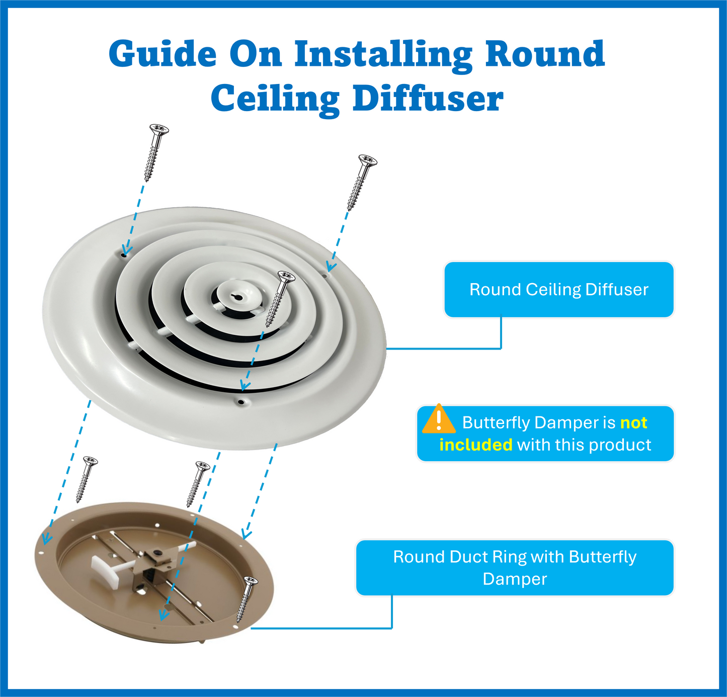 6" Round Ceiling Diffuser White Powder Coated with Outside Dimension of 10" Fitting in 6" Duct