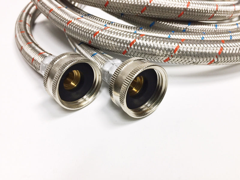 2-Pack Premium Stainless Steel Washing Machine Hoses - 5 FT No-Lead Burst Proof Red and Blue Lined Water Inlet Supply Lines - Universal 90 Degree Elbow Connection - 10 Year Warranty