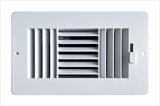 Three-Way Plastic Side Wall/Ceiling Register in White 8" w X 4" h for Duct Opening (Outside Dimension is 9.75" w X 6" h)