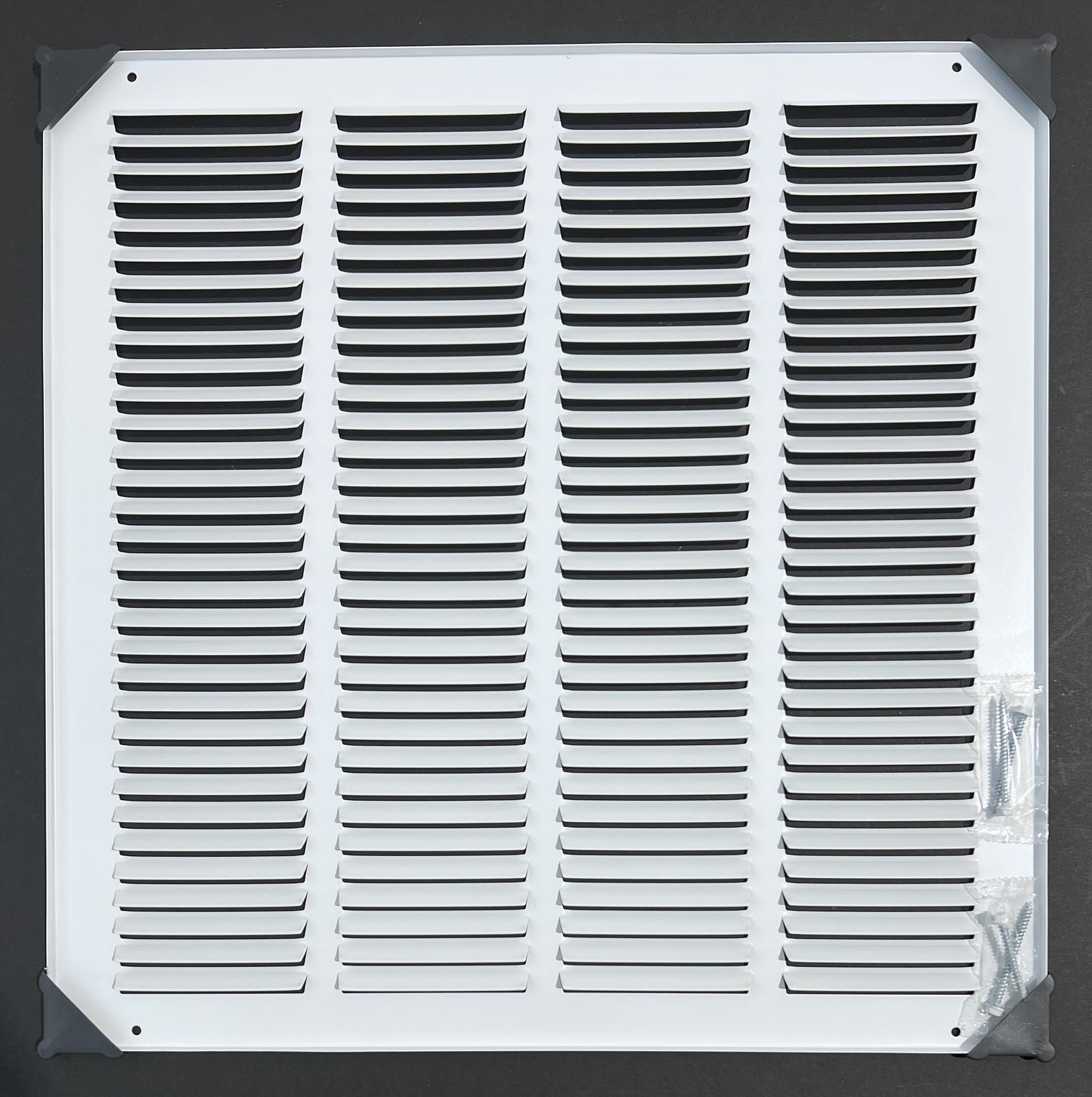 Fits 16x16 Duct Opening Stamped Steel Return Air Grille Vent Cover Grille for Sidewall and Ceiling in White Surface Dimensions: 17.75"W X 17.75"H (16" W x 16" H Duct Opening)