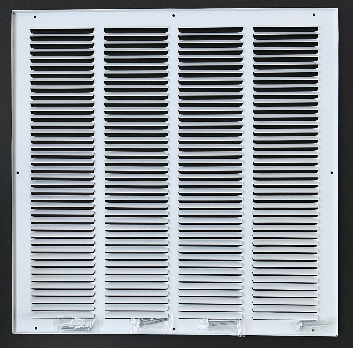 Fits 20x20 Duct Opening Stamped Steel Return Air Grille Vent Cover Grille for Sidewall and Ceiling in White Surface Dimensions: 21.75"W X 21.75"H (20" W x 20" H Duct Opening)