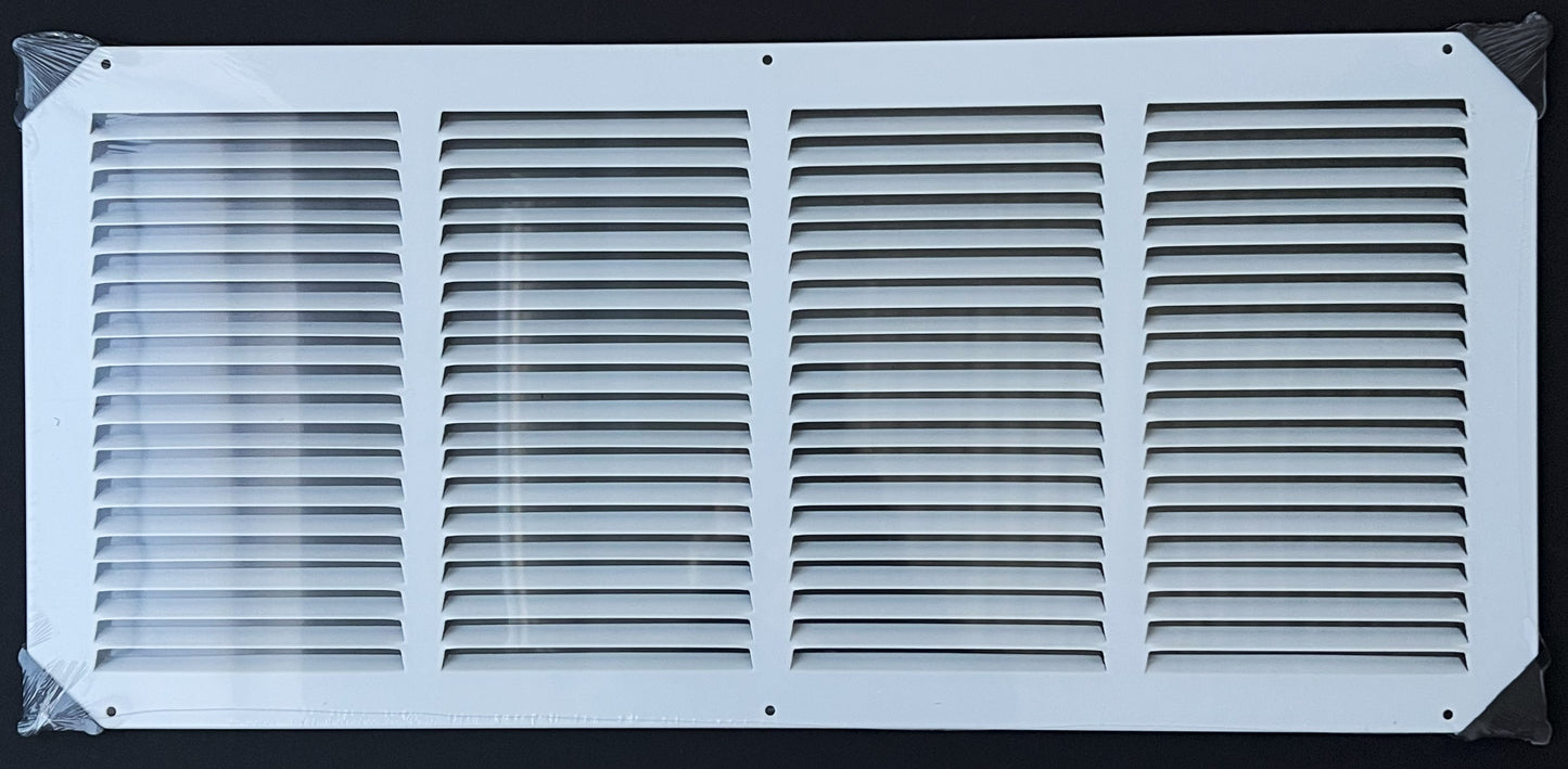 Fits 24x10 Duct Opening Stamped Steel Return Air Grille Vent Cover Grille for Sidewall and Ceiling in White Surface Dimensions: 25.75"W X 11.75"H (24" W x 10" H Duct Opening)
