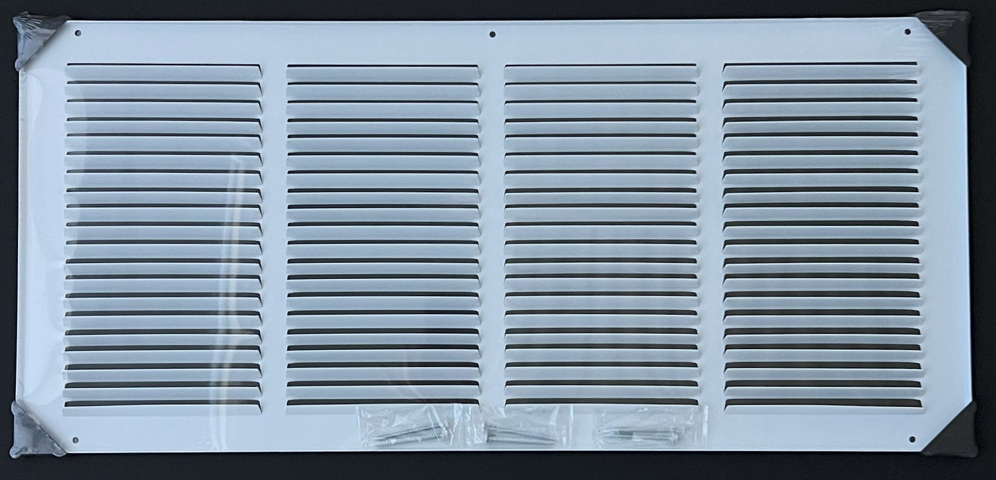 Fits 24x10 Duct Opening Stamped Steel Return Air Grille Vent Cover Grille for Sidewall and Ceiling in White Surface Dimensions: 25.75"W X 11.75"H (24" W x 10" H Duct Opening)
