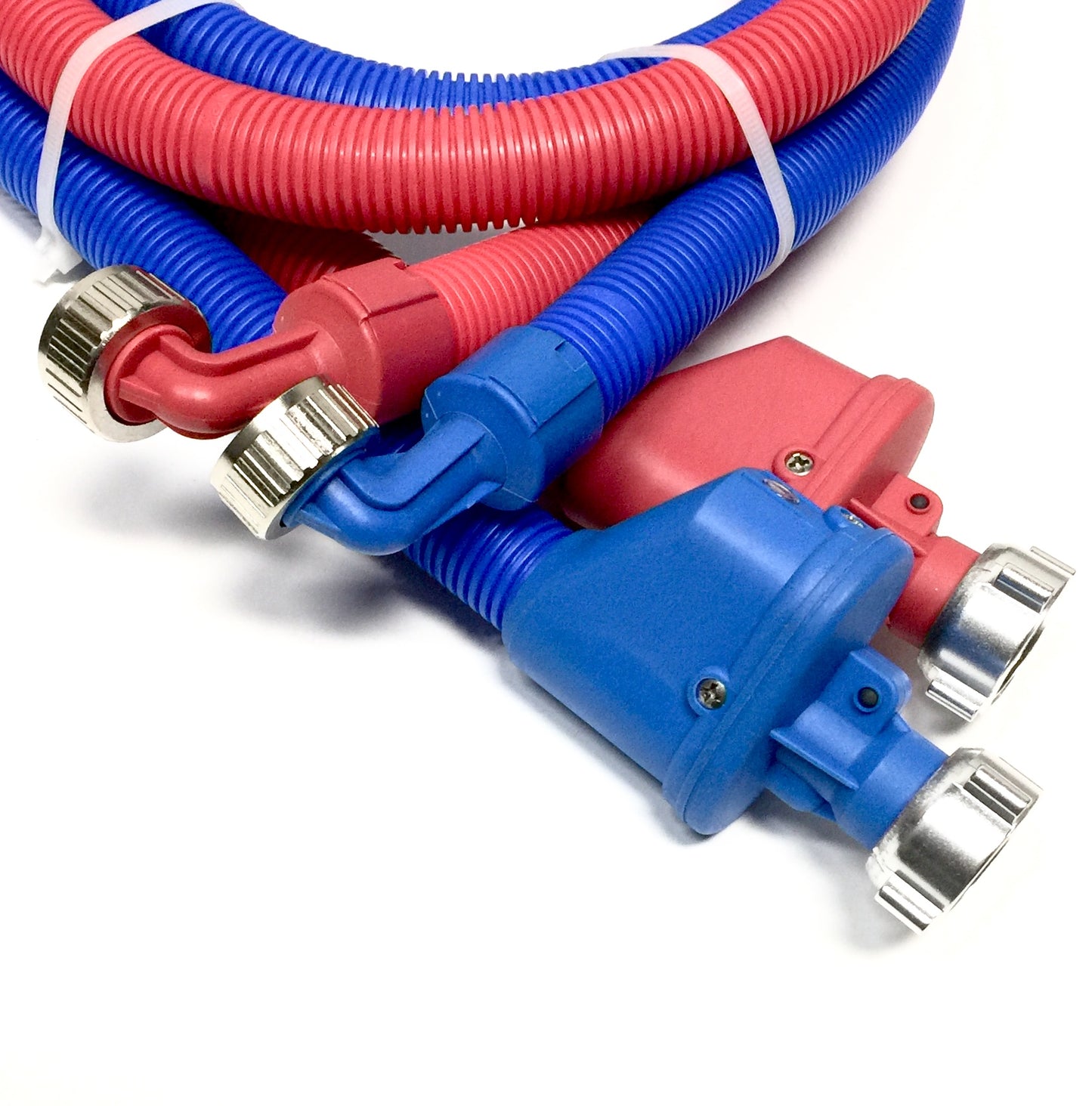 2-pack Flood Safe Washing Machine Hoses - 5 FT Heavy Duty PVC Hose Sealed With Rigid Corrugated Outer Wall in Red-Blue and Built-in Auto Shut-off Valve and Univeral 90 degree elbow Connection