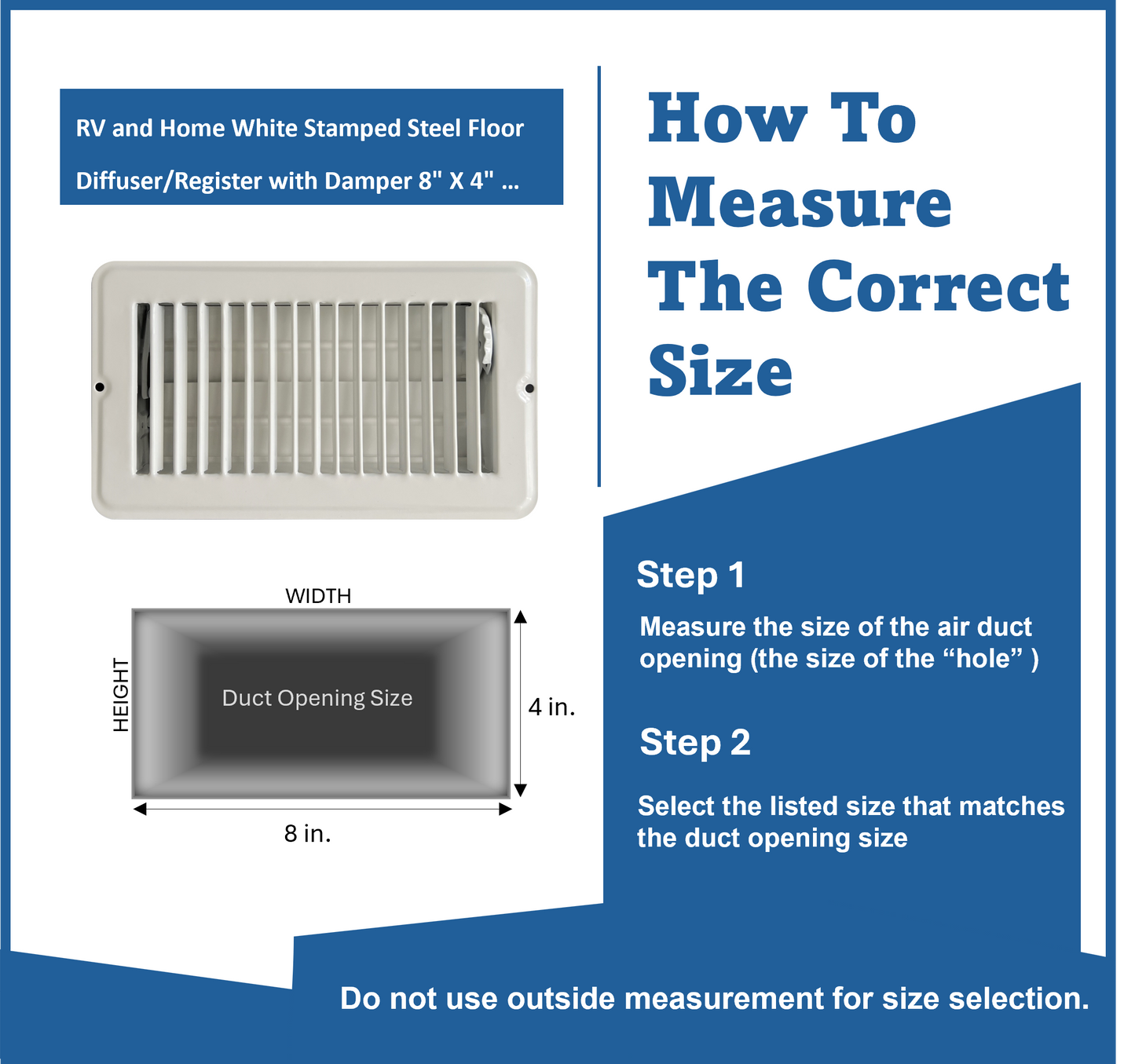 RV and Home White Stamped Steel Floor Diffuser/Register with Damper 8" X 4" (Duct Opening Size) Outside Dimension 9.6"x 5.6"