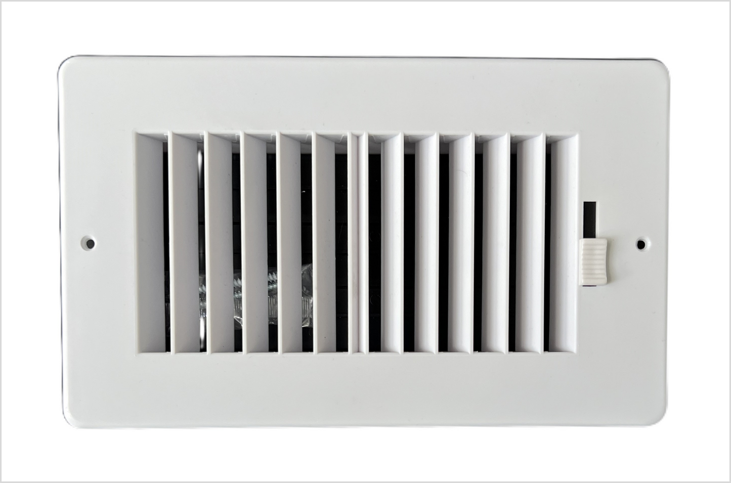 Two-way plastic side wall/ceiling register in white 8"w X 4"h for duct opening