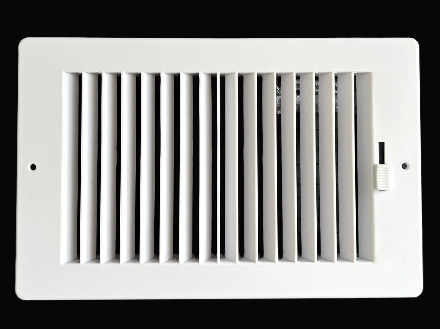 Two-way plastic side wall/ceiling register in white 10"w X 6"h for duct opening (outside dimension is 11.75"w X 7.75"h)