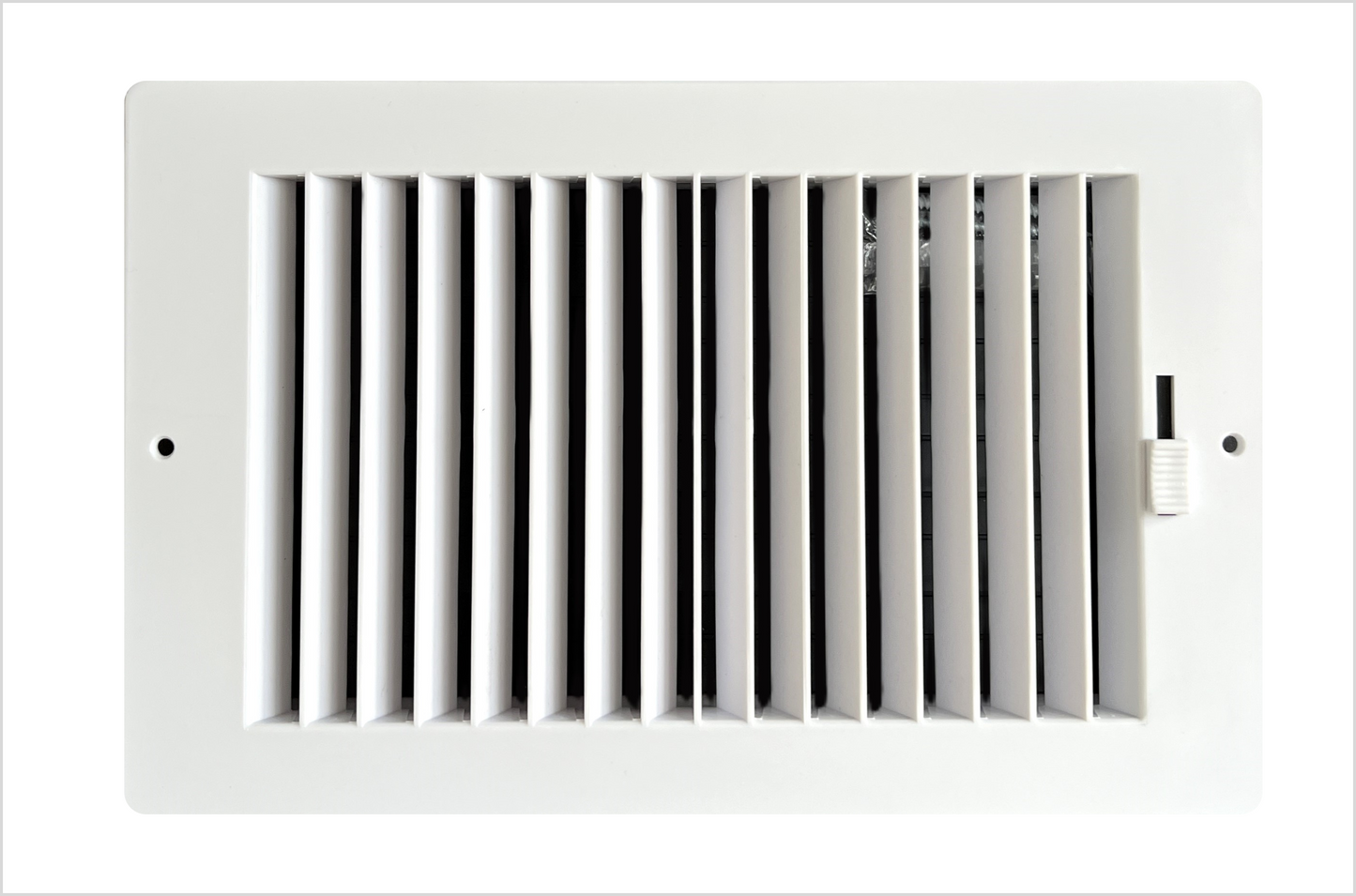 Two-way plastic side wall/ceiling register in white 10"w X 6"h for duct opening (outside dimension is 11.75"w X 7.75"h)