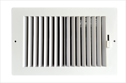 Two-way plastic side wall/ceiling register in white 10"w X 6"h for duct opening (outside dimension is 11.75"w X 7.75"h)