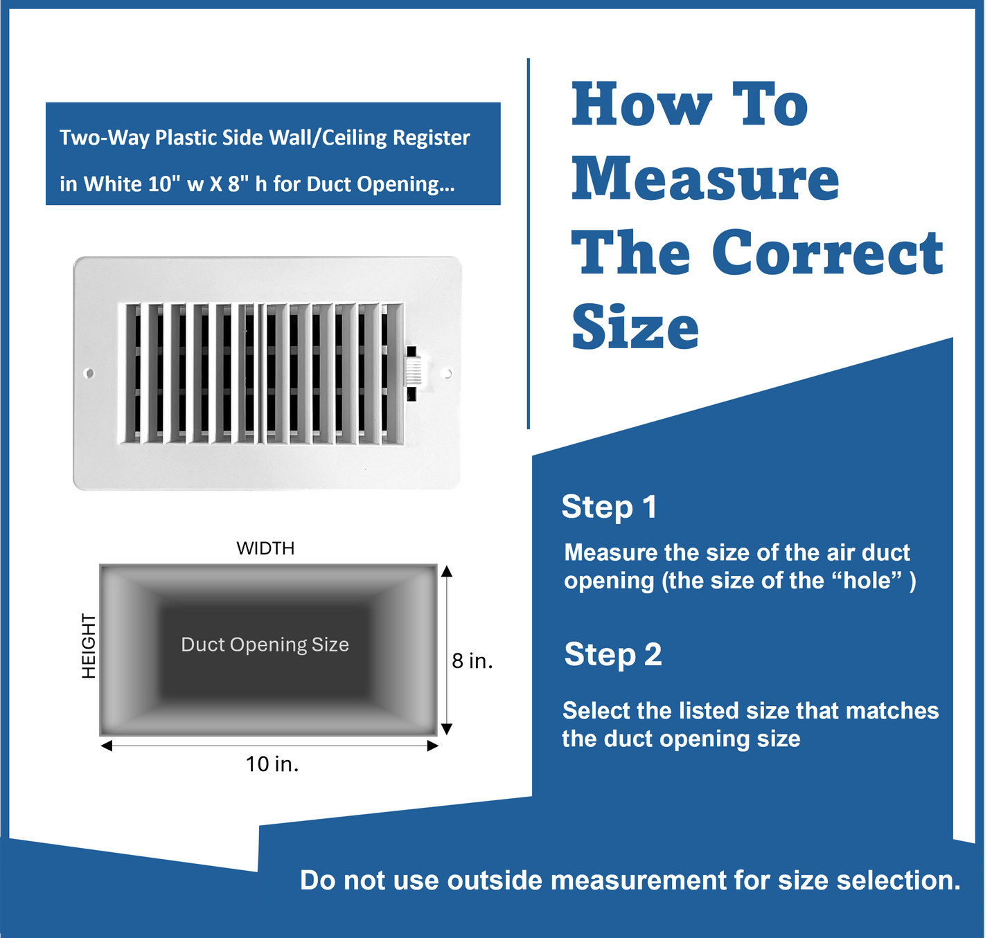 Two-Way Plastic Side Wall/Ceiling Register in White 10" w X 8" h for Duct Opening