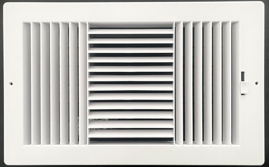 Three-way plastic side wall/ceiling register in white 14"w X 8"h for duct opening (outside dimension is 15.75"w X 10"h)