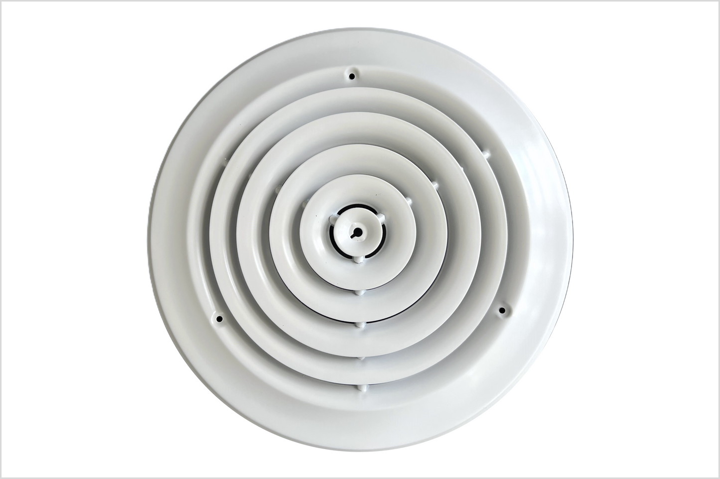 8" Round Ceiling Diffuser White Powder Coated with Outside Dimension of 12" Fitting in 8" Duct