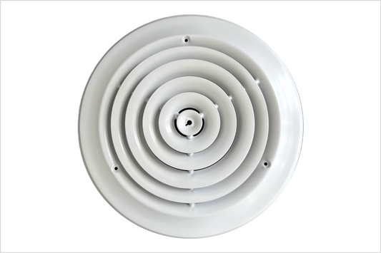 8" Round Ceiling Diffuser White Powder Coated with Outside Dimension of 12" Fitting in 8" Duct