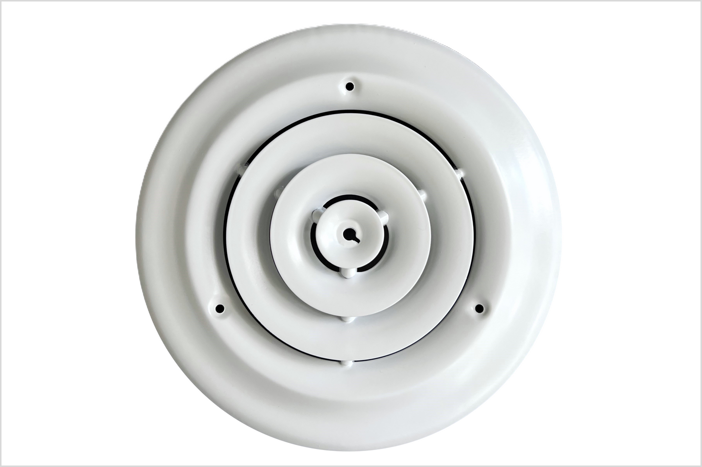 6" Round Ceiling Diffuser White Powder Coated with Outside Dimension of 10" Fitting in 6" Duct