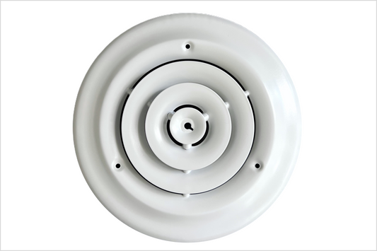 6" Round Ceiling Diffuser White Powder Coated with Outside Dimension of 10" Fitting in 6" Duct