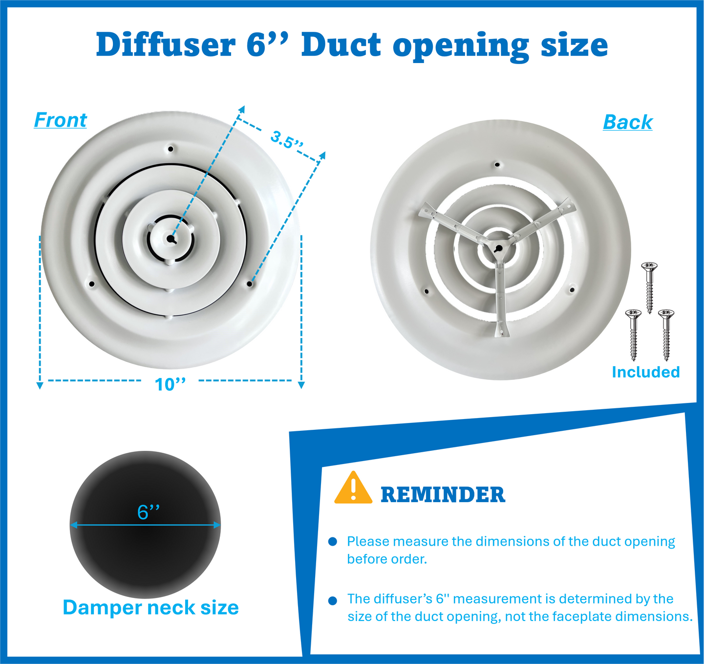 6" Round Ceiling Diffuser White Powder Coated with Outside Dimension of 10" Fitting in 6" Duct