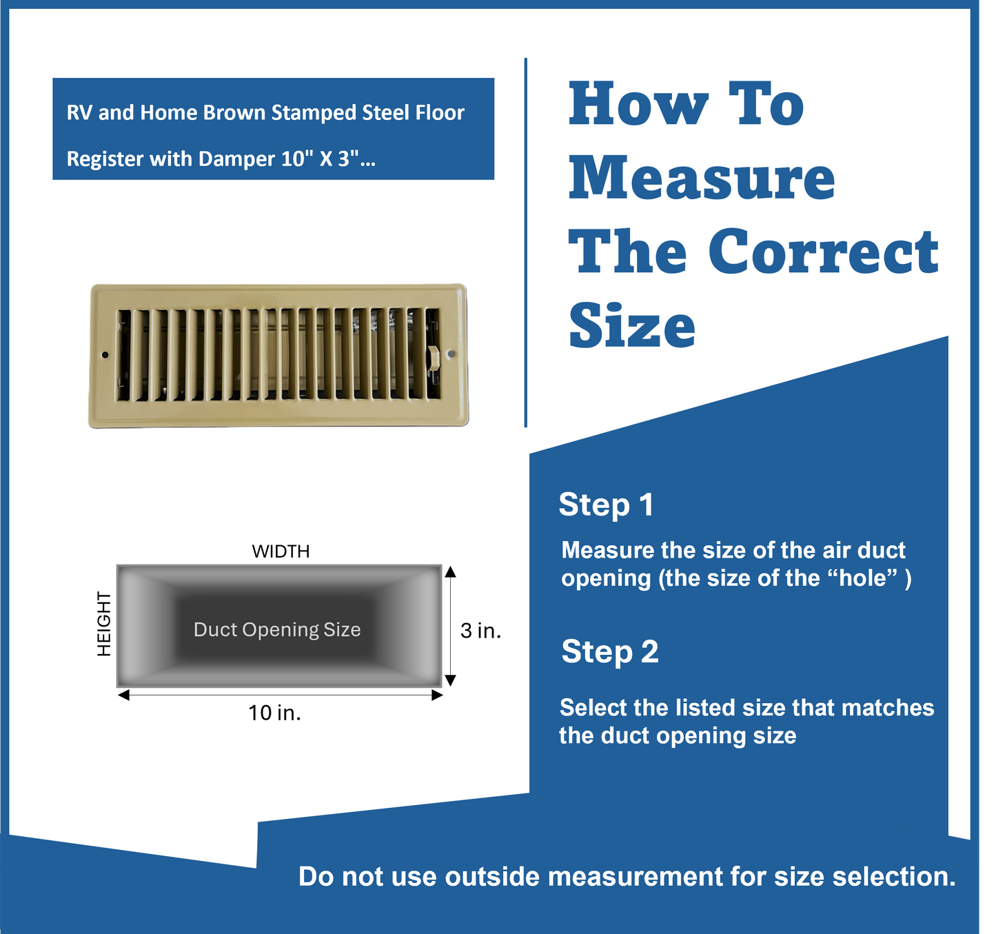 RV and Home Brown Stamped Steel Floor Diffuser/Register with Damper 10" X 3" (Duct Opening Size) Outside Dimension 11.5"x 4.5"