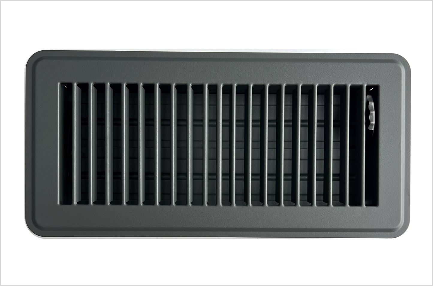 Heavy Duty Steel Decorative Slotted face Floor Vent with Beautiful Black Matte Finish. Fits in 4 x 10 Duct Opening. Overall Dimension is 5.75 in Wide x 13.75 in Long