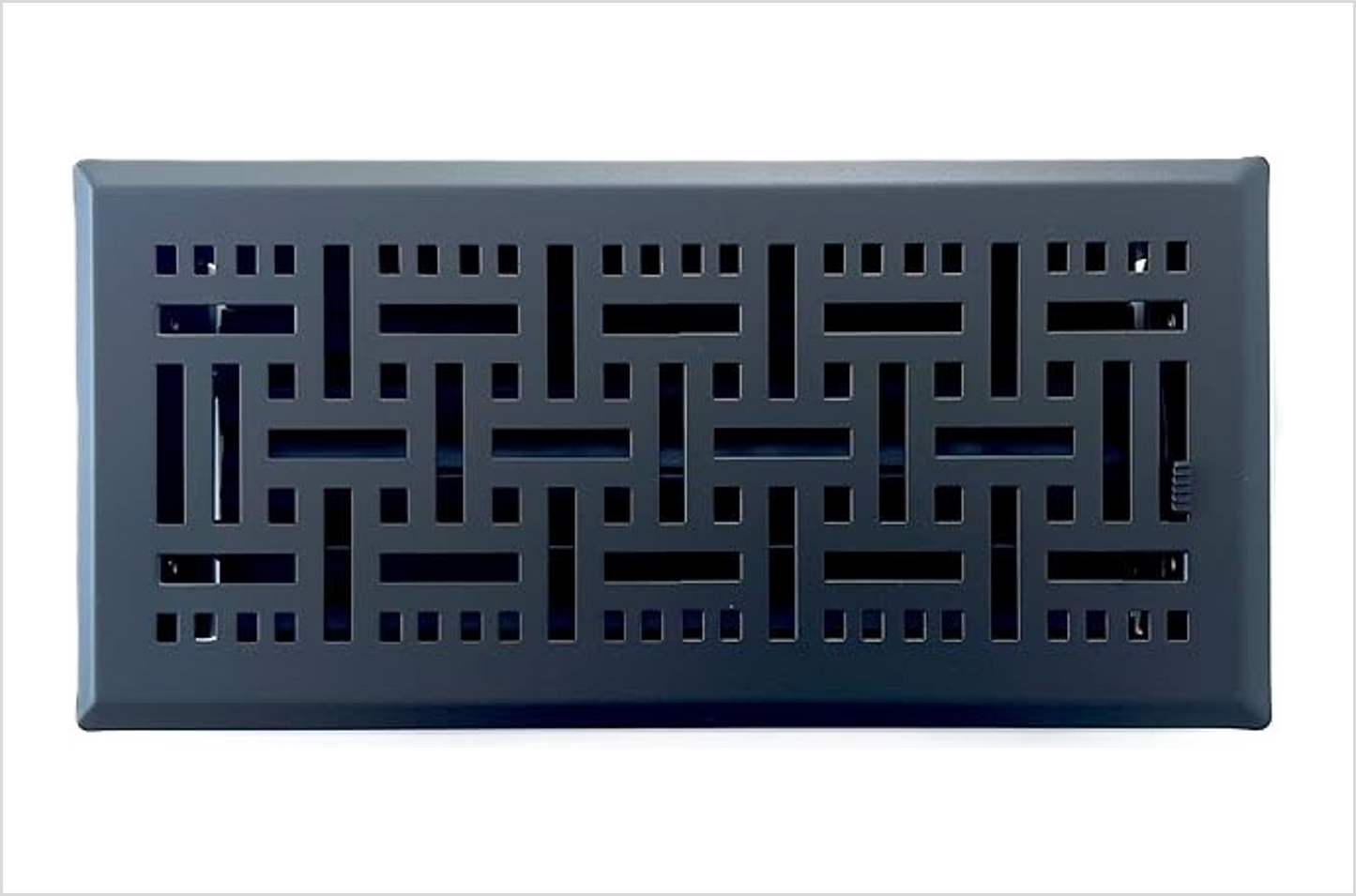 Heavy Duty Steel Floor Vent with Contemporary Design and Beautiful Black Matte Finish. Fits in 4 x 10 Duct Opening. Overall Dimension is 5.75 in Wide x 11.75 in Long.