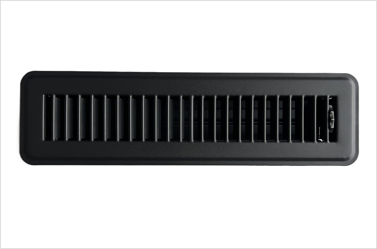 Heavy Duty Steel Floor Vent with Beautiful Black Matte Finish. Fits in 2 x 12duct Opening. Overall Dimension is 3.75 in Wide x 13.75 in Long