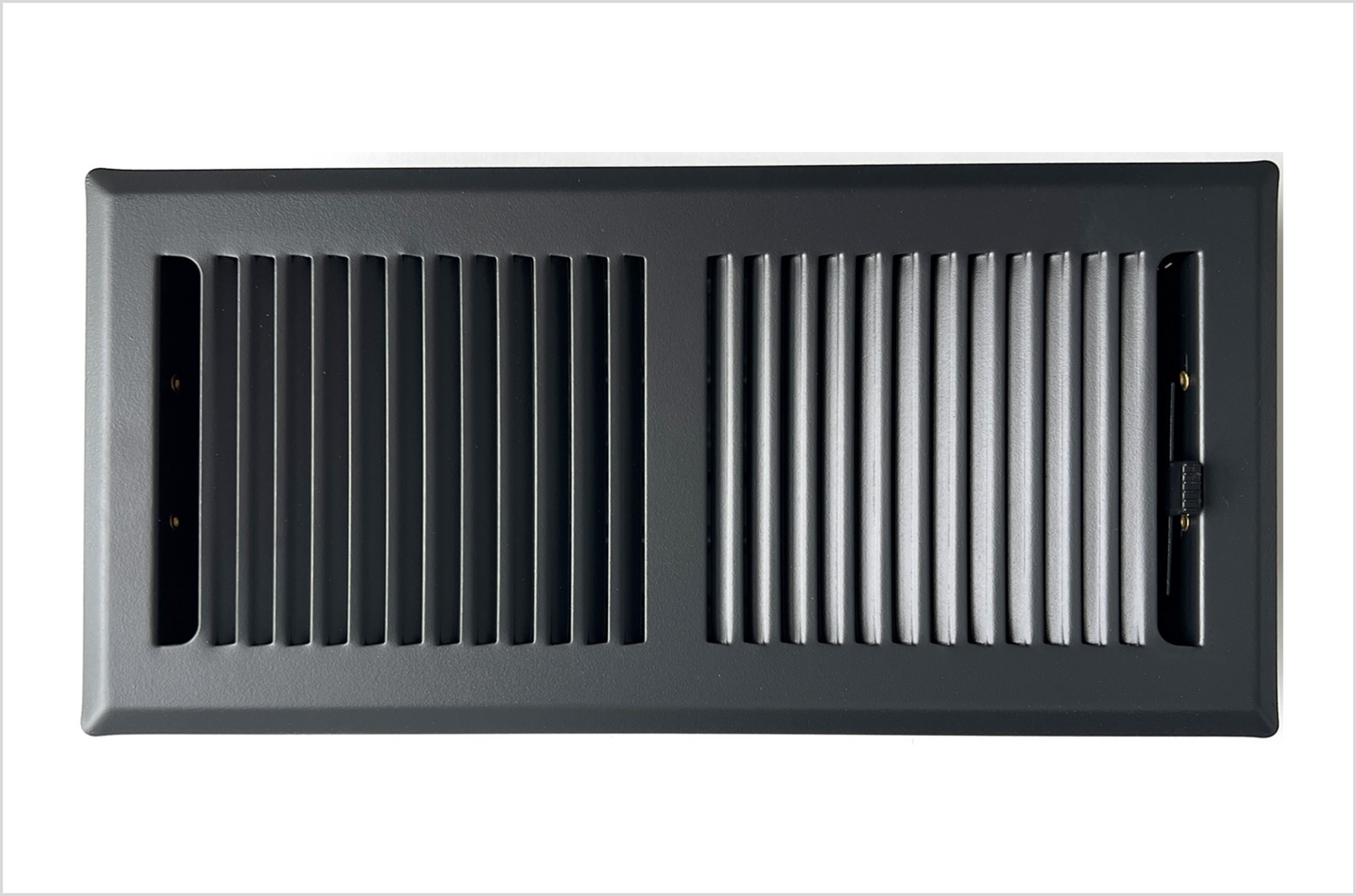 Heavy Duty Steel Floor Vent with Stamped face 1/3" fin spacing Back Matte Finish. Fits in 4 x 10 Duct Opening. Overall Dimension is 5.75 in Wide x 11.75 in Long