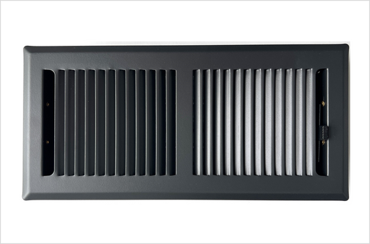 Heavy Duty Steel Floor Vent with Stamped face 1/3" fin spacing Back Matte Finish. Fits in 4 x 10 Duct Opening. Overall Dimension is 5.75 in Wide x 11.75 in Long