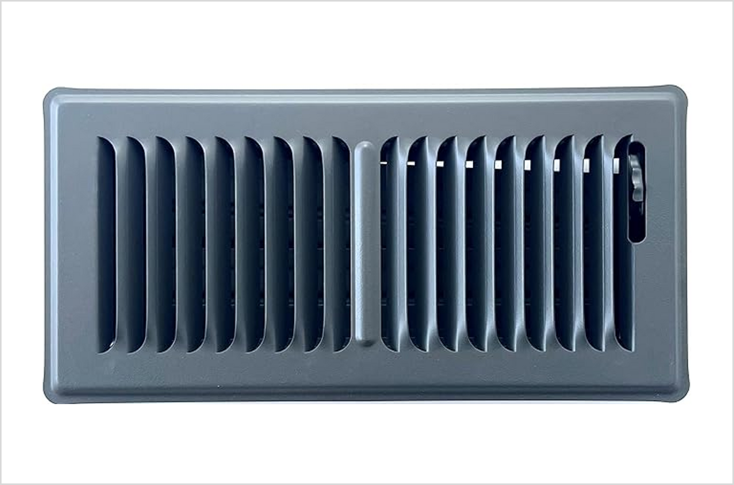 Heavy Duty Steel Stamped Floor Vent with Beautiful Gray Matte Finish. Fits in 4 x 10 Duct Opening. Overall Dimension is 5.75 in Wide x 11.75 in Long.