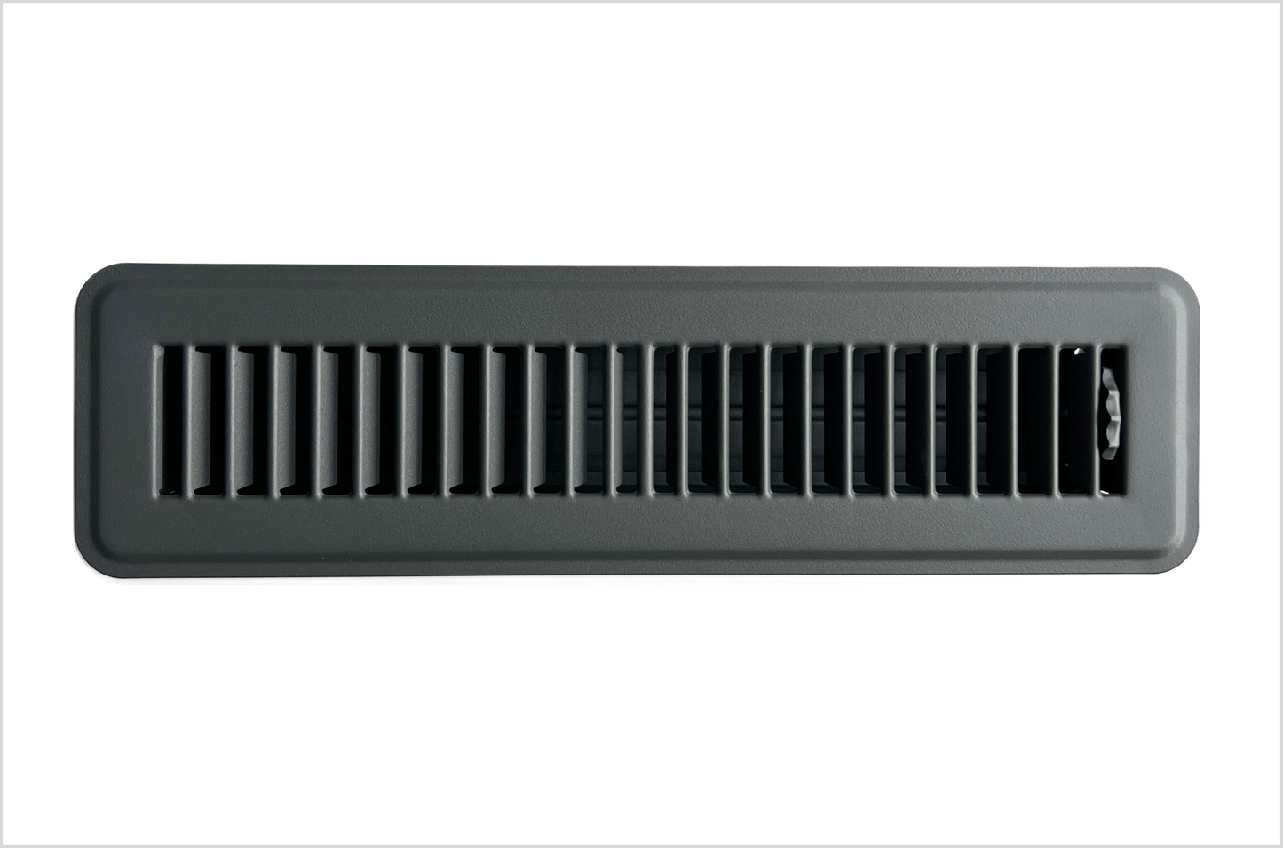Heavy Duty Steel Floor Vent with Beautiful Gray Matte Finish. Fits in 2 x 12 Duct Opening. Overall Dimension is 3.75 in Wide x 13.75 in Long.