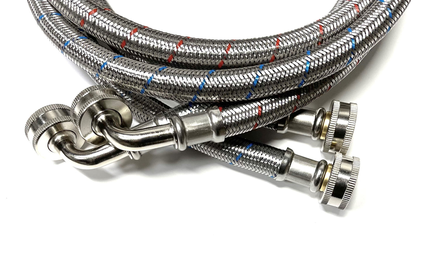 2-Pack Commercial Grade Premium Stainless Steel Washer Hoses 1/2" ID - 4 FT No-Lead Burst Proof Red_Blue Lined Water Inlet Supply Lines - Universal 90 Degree Elbow Connection - 10 Year Warranty