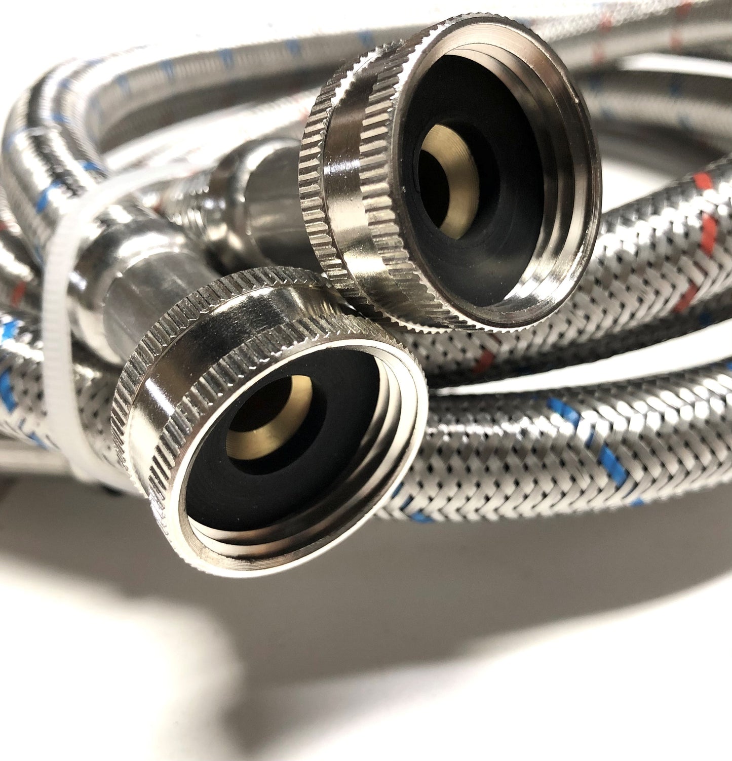 2-Pack Commercial Grade Premium Stainless Steel Washer Hoses 1/2" ID - 8 FT No-Lead Burst Proof Red and Blue Lined Water Inlet Supply Lines - Universal 90 Degree Elbow Connection - 10 Year Warranty