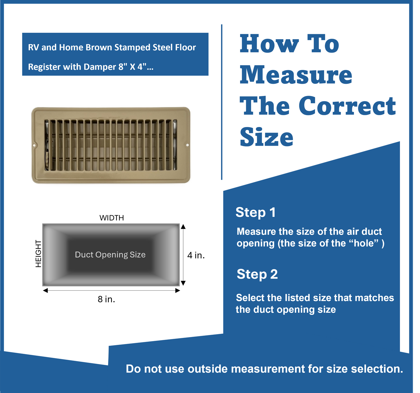 RV and Home Brown Stamped Steel Floor Diffuser/Register with Damper 8" X 4" (Duct Opening Size) Outside Dimension 9.6"x 5.6"