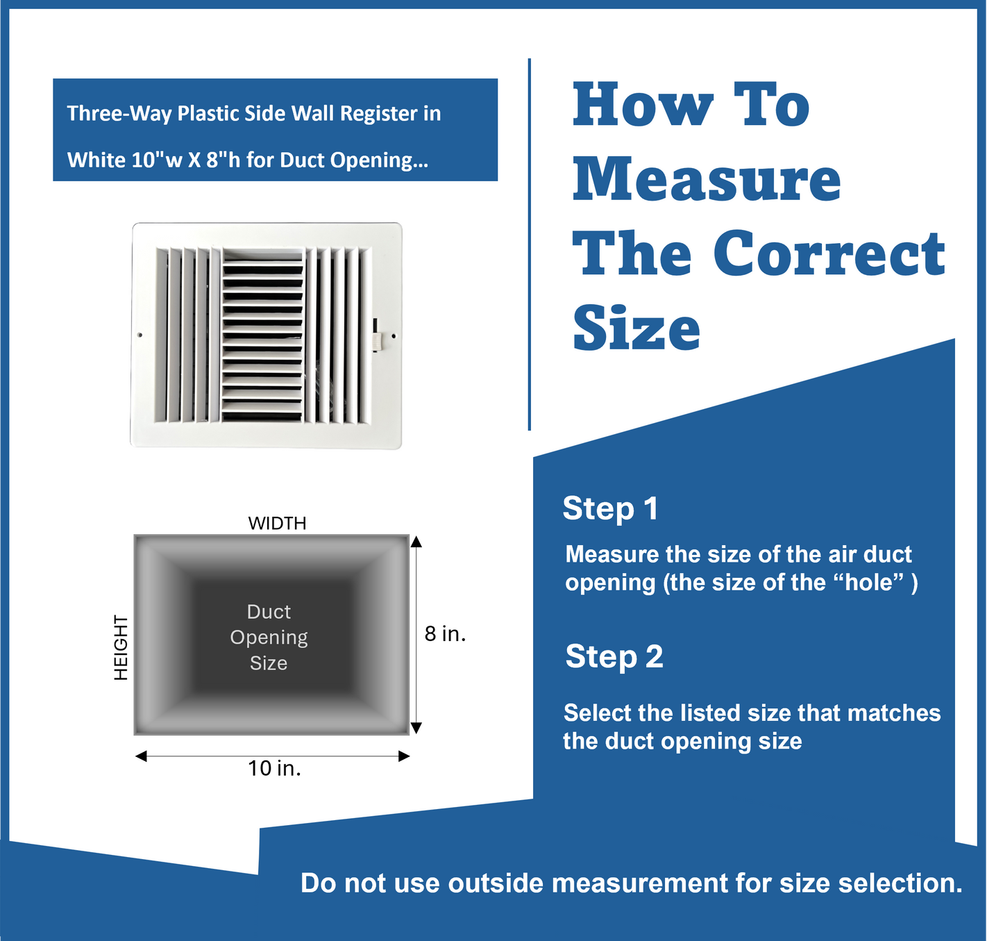 Three-Way Plastic Side Wall/Ceiling Register in White 10"w X 8"h for Duct Opening (Outside Dimension is 12"w X 10"h)
