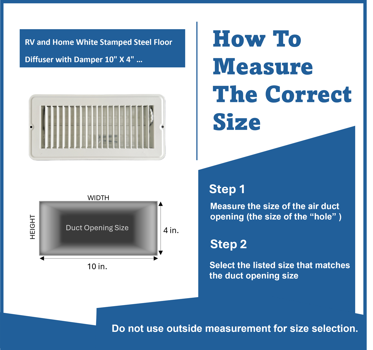 RV and Home White Stamped Steel Floor Diffuser/Register with Damper 10" X 4" (Duct Opening Size) Outside Dimension 11.5"x 5.5"